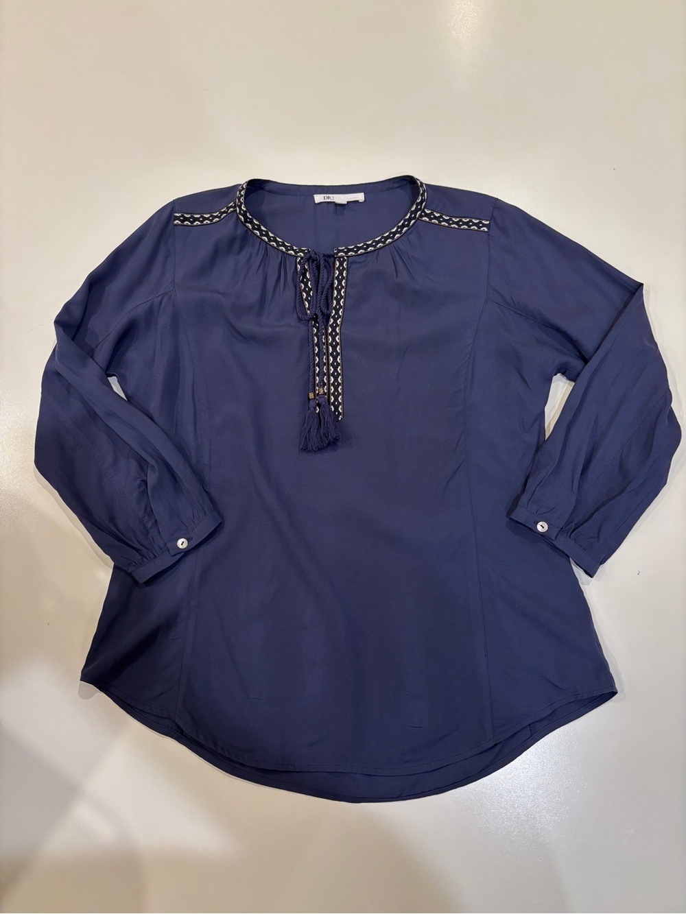 Women’s Peasant Blouse with‎ Tassel Tie Blue with Embroidered detail Sz S Boho
